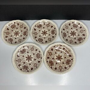 Vintage Masons Ironstone BOW BELLS BROWN Bread Berry Saucer Dishes 5 Pieces